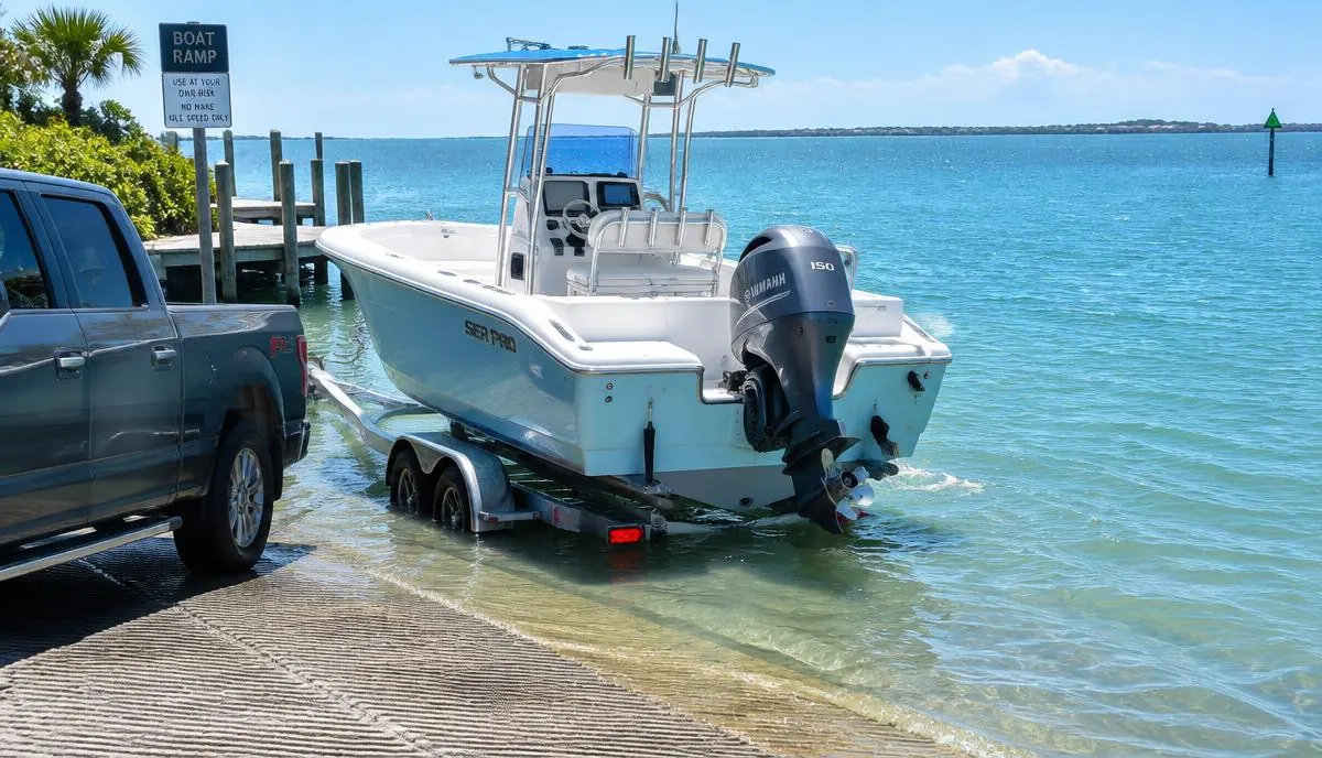 Truck backing a boat trailer down a concrete ramp into Florida bay water