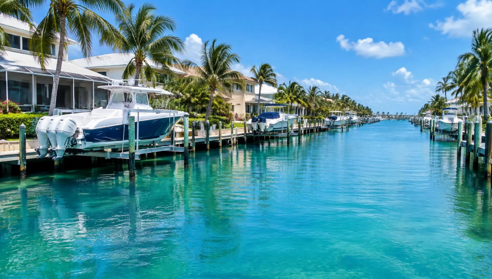 Boats on lifts along a sunny Pinellas canal with turquoise water