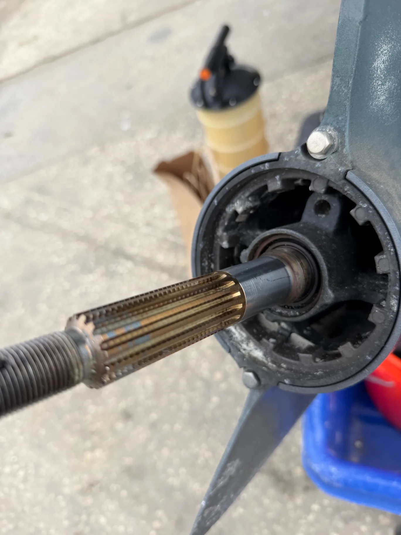 Dark gear oil draining from a lower unit into a bucket during an oil change