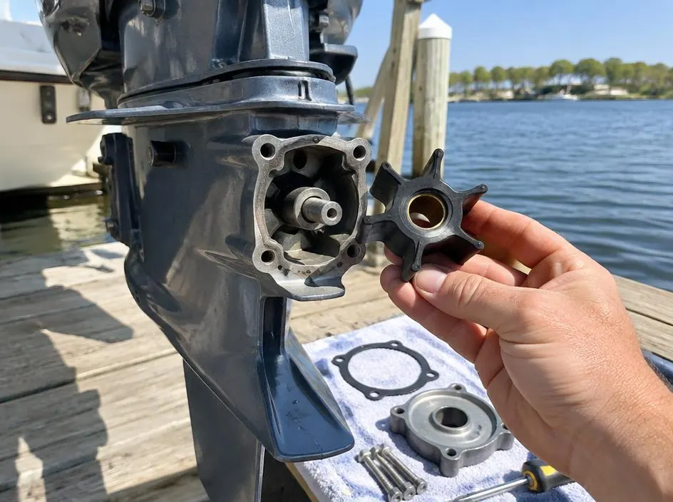 Hand holding a new outboard water pump impeller next to the open lower unit